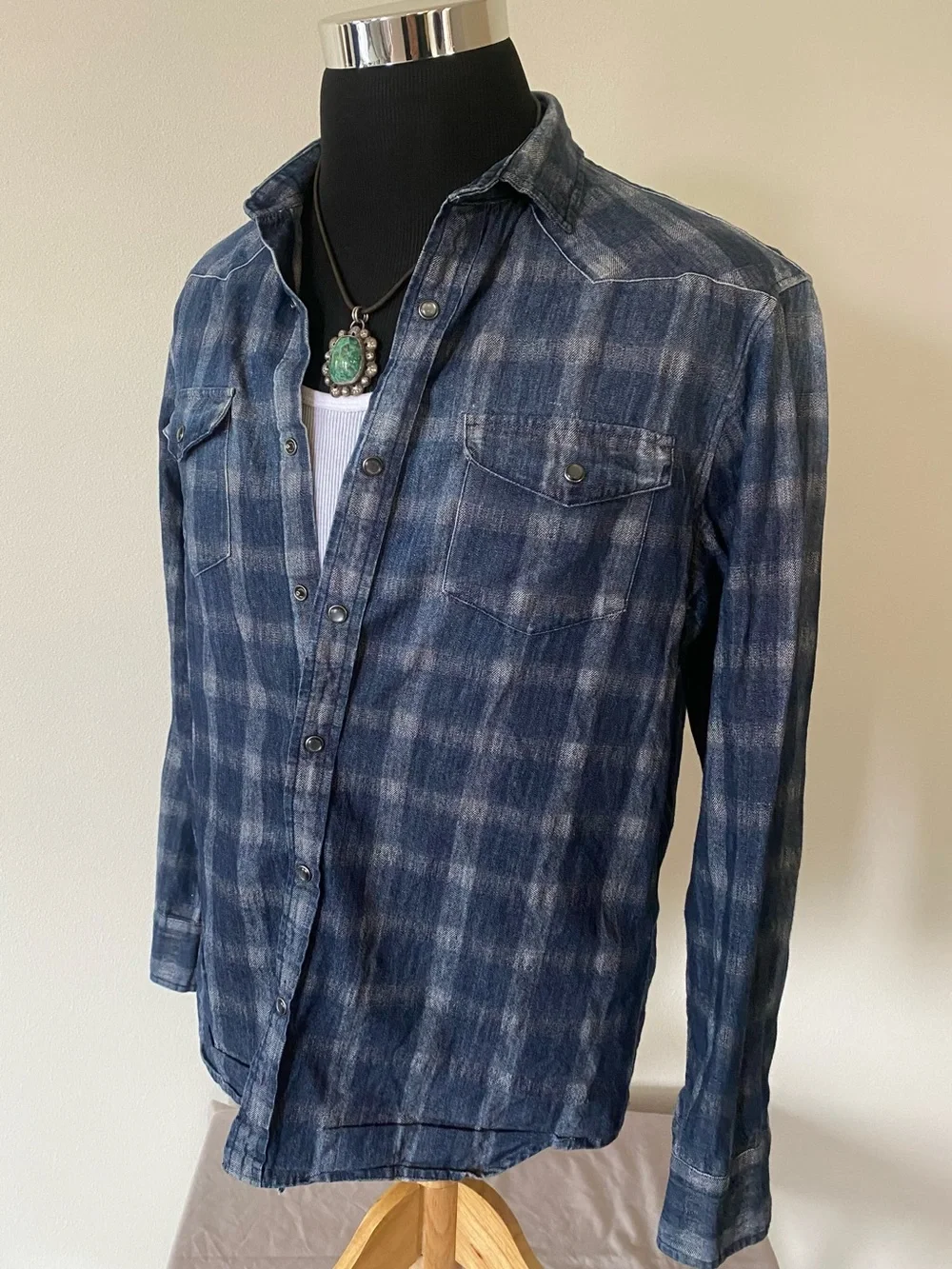 Banana Republic Indigo Plaid Western Shirt L Selvedge Mens Pearl Snap Chambray
